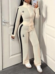 BamGleam 2pcs Women Sweater Set - White Long Sleeve Cardigan Top With Funnel Neck & Two-Way Zipper, Casual Loose Fit; Black & White Striped Sweater Pants Fall Winter Cloth For Women