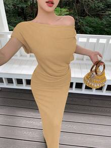 Modelyn 卡其色针织纹理褶皱上衣和不对称下摆紧身裙优雅时尚女士两件套 - 卡其色 - 查看 4