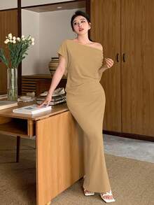 Modelyn 卡其色针织纹理褶皱上衣和不对称下摆紧身裙优雅时尚女士两件套 - 卡其色 - 查看 5