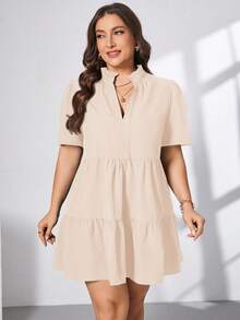 SHEIN Essnce Váy ngắn màu đen tay ngắn cổ chữ V, thời trang xuân hè rộng rãi thoải mái cho nữ cỡ lớn, trang phục mùa hè cho nữ, váy thanh lịch cho nữ, váy đi biển cho nữ, phong cách quý tộc cổ điển cho nữ, trang phục đi nhà thờ cho nữ, trang phục công sở, váy đi làm, trang phục ăn trưa cho nữ, váy bầu, tiệc mừng em bé - Màu be - Xem 3