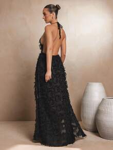 L'Amorae 优雅流苏高开叉系带露背连衣裙