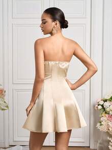 Poshira Women's Elegant Party Rhinestone Decor Satin Strapless Cocktail Dress Sequin Dress  Lace Dress Beige Dress Luxury Evening Dresses For Women - Champagne - View 2