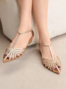 Rosivie 2025 新款女士镂空编织罗马凉鞋，时尚平底封闭式鞋头带扣沙滩休闲鞋 - 金色 - 查看 10