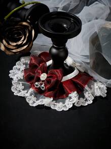 PETSIN قلادة عنق من الدانتيل واللؤلؤ على شكل جرس، بتصميم أميري وأنثوي، بلون البرغندي، مناسبة للحفلات وأعياد الميلاد والمناسبات الهامة، بتصميم فراشات مخملية، قلادة للقطط والكلاب، وشاح على شكل طبيبة عاني ذات انتشار كبير - متعدد الألوان - مشاهدة 2