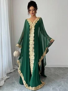 Elenzga Women's V-Neck Semi-Sheer Mesh Ruffled Trim Dress, Elegant Minimalist Casual Cocktail Party Vacation Evening Gown, Autumn Fall Cloth For Women - Dark Green - View 3