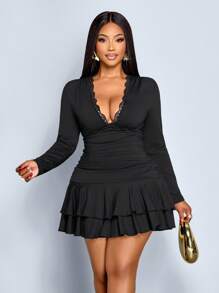 SOLERSUN Autumn And Winter Plus Size Women's Early Autumn Black Knitted Fabric Daily Leisure Party Slim Long Sleeve Deep V Neck Lace Pleated Double Ruffle Hem Small Dress Fall Cloth For Women,Fall And Winter,Black Dress,Double Layered Ruffled Hem At The Hem,Halloween,Christmas,New Year Look,Prom Dress,Graduation Dress - Black - View 2