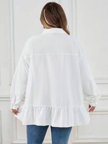 SHEIN CURVE+ 大码女式荷叶边下摆长袖纽扣衬衫，夏季宽松中长款衬衫上衣，秋季女式长袖紧身外套，冬季，CURVE PLUS/秋冬 - 白色 - 查看 2
