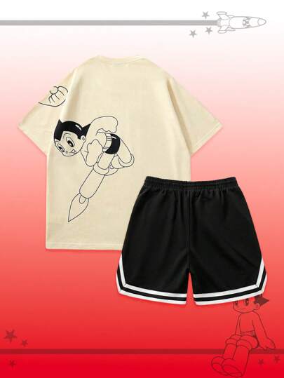 Astro Boy X ROMWE Men's Casual Cartoon Figure Graphic T-Shirt Paired With Sports Shorts, Suitable For Spring & Summer