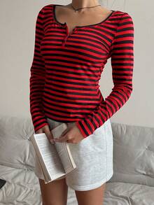 SHEIN EZwear Áo thun nữ sọc đen đỏ chất liệu cotton pha trộn mới có khóa kéo nửa thân - Đỏ - Xem 3