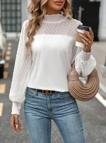 SHEIN Clasi 女士瑞士圆点立领灯笼袖 - 白色 - 查看 6