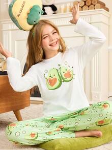 Pijama para niñas con estampado de aguacate y flores en bloques de color