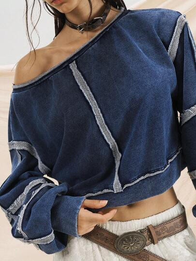 Easelle Casual Vintage Asymmetrical Shoulder Cropped Distressed Women Sweatshirt Off The Shoulder Top Denim Top Dark Blue Top Jean Top For Women Blue Long Sleeve Top In Fall/Winter