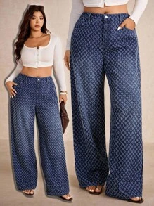 Elaquor Plus Size Oversized Blue Jeans High Waist Straight Jacquard Jeans Comfortable Elastic Waistband French Old Money Style Fall Women Clothes Wide Leg Pants - Dark Wash - View 1