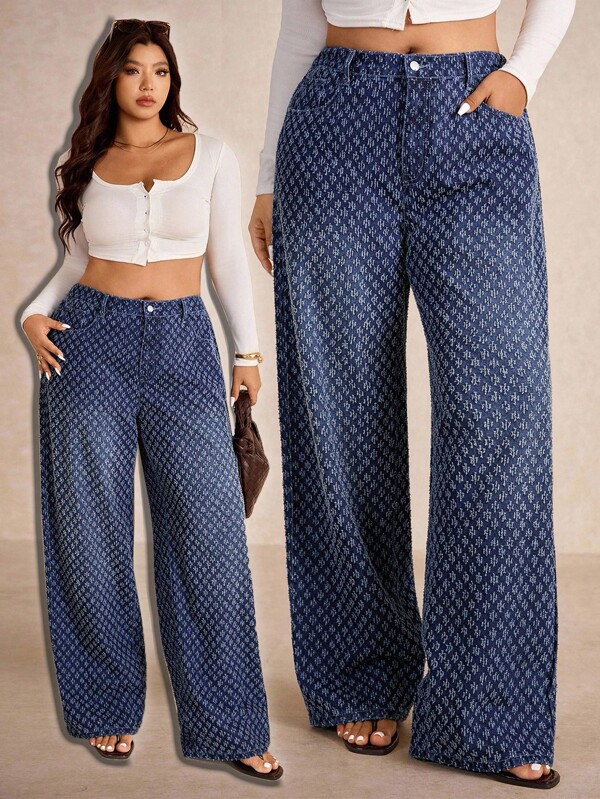 Elaquor Plus Size Oversized Blue Jeans High Waist Straight Jacquard Jeans Comfortable Elastic Waistband French Old Money Style Fall Women Clothes Wide Leg Pants