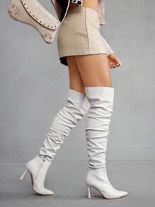 CUCCOO SZL 女士时尚尖头细高跟白色高筒靴，褶皱过膝靴，性感派对宴会夜总会高跟鞋 - 白色 - 查看 9