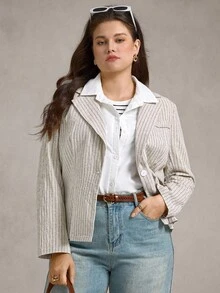 Zelara Blazer casual a righe e collo a bavero con maniche lunghe, da donna taglia comoda, stile vintage per scuola e lavoro, adatto per insegnanti e donne d'affari casual, blazer a righe per curvy, da indossare in autunno/inverno, per uscire - Multicolore - Visualizzare 3