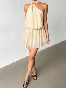 Aloruh Váy ngắn hở lưng họa tiết hoa 3D thanh lịch dành cho nữ, mùa hè - Màu be - Xem 5