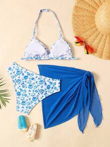 SHEIN Conjunto de bikini floral para niñas preadolescentes, atuendo de playa, ocio de vacaciones, viaje a la , conjunto de traje de baño de tres piezas, traje de baño con falda, traje de baño de tres piezas, traje de baño de niña con pareo, bikini floral con falda - Azul menta - Ver 2