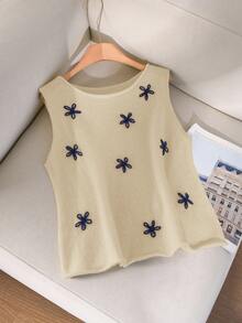 CosyJoli Plus Size Summer Casual Floral Embroidery Knit Vest In Fall/Winter - Apricot - View 1