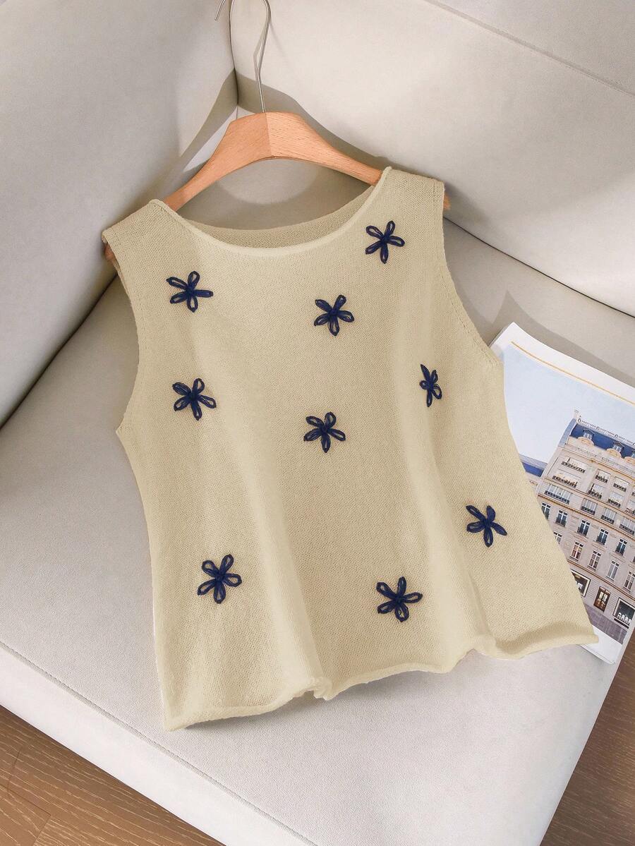 CosyJoli Plus Size Summer Casual Floral Embroidery Knit Vest In Fall/Winter - Apricot - View 1
