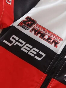 SHEIN 1 pieza Conjunto de ropa de verano para bebé niño con diseño de impresión digital de letras, insignia y coche de carreras en color contrastante, con cremallera práctica, adecuado para uso al aire libre. Mono de carreras de estilo minimalista y elegante con estampado gráfico de cultura de carreras, para bebé niño. Traje de carreras, ropa de carreras para bebé niño. - Multicolor - Ver 7