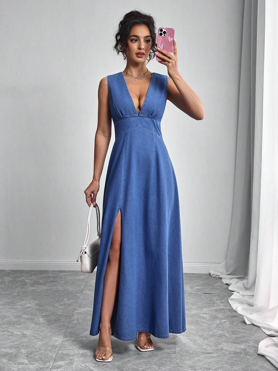 Elenzga Vestido de mezclilla de verano para mujer con cuello en V profundo, abertura alta en la falda, sin mangas y cintura ceñida - Azul - Ver 1