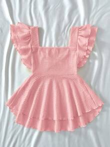 SHEIN Áo thun dệt kim jacquard tay bèo nhún họa tiết mùa hè dễ thương, thoải mái cho bé gái tuổi teen, đồ mặc nhà, dễ thương, thích hợp cho các bữa tiệc, ngày lễ tình nhân - Hồng - Xem 2