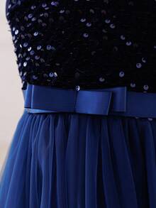 Glamorique Kids Đầm bé gái thanh lịch và dễ thương với màu xanh ẩn bên trong, không tay, đính sequin, chất liệu voan mỏng, dáng phồng, thích hợp cho các bữa tiệc Giáng sinh và những dịp trang trọng. - Màu xanh hải quân - Xem 5