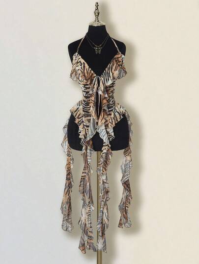 SHEIN ICON Top da donna a canotta asimmetrico con design a legame, in rete e fantasia a strisce di tigre, semi-trasparente