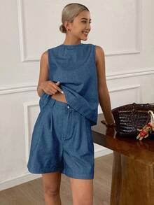 DAZY 女式深水洗蓝色圆领露背无袖宽松牛仔上衣和短裤两件套