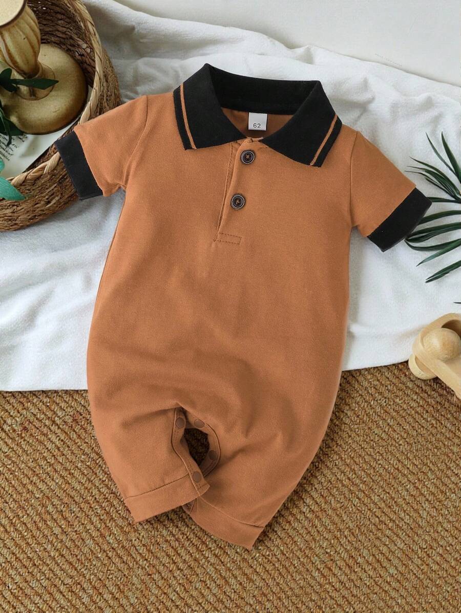 SHEIN Vintaside Kids 男婴拼布马球领连体短裤 - 棕色 - 查看 1