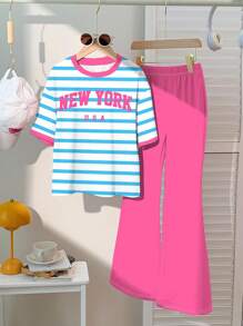SHEIN Tween 女孩休闲简约蓝色条纹“NEW YORK”图案，撞色粉色，返校，学院风，短袖上衣和裤子两件套，适合夏季，图案 T 恤，复古，女孩返校服装，节日服装，可爱，卡哇伊，返校，休闲，针线活，返校，猎豹印花 - 彩色 - 查看 3