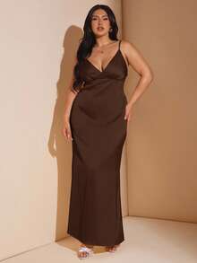 SHEIN BAE Plus Size Women's Sleeveless V-Neck Backless Maxi Satin Dress, Yellow, Suitable For Vacation, Music Festivals, Birthday, Brunch, Wedding Guest, Elegant Dress Party Dresses For Women,Fall Women Clothes,School Clothes,Y2k Clothes,Country Outfits Women,Vintage Clothes Women,Festival Outfits Women,Wedding Guest Dress Curve/,Valentine's Day,Valentine Outfits For Women