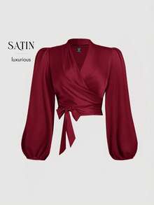 SHEIN MOD 大码女式酒红色裹身式领带蝴蝶结灯笼袖衬衫 - 酒紅色 - 查看 4