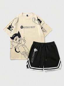 ROMWE MEN Astro Boy X ROMWE T-shirt graphique à figure de dessin animé décontracté pour hommes, assorti à des shorts de sport, convient pour le printemps et l'été - Multicolore - Voir 4