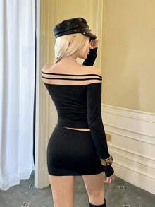 Ardnt Two Piece Set Black French Retro Collegiate Punk Off Shoulder Metallic Floral Long Sleeve Top & Mini Skirt Black Skirt Set Short Skirt Set Women Crop Top Set Y2K Fall Halloween Costume Party Gothic Punk - Black - View 2