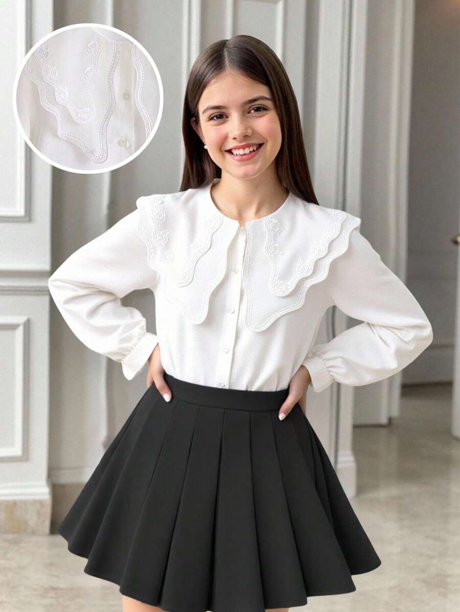 Tween 女童优雅刺绣领休闲长袖衬衫，简约白衬衫