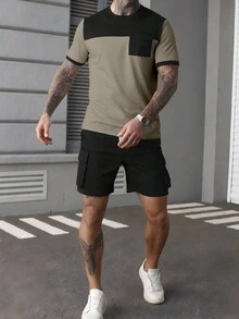 Manfinity Homme Men's Summer Casual Pocket Patchwork T-Shirt And Shorts Set