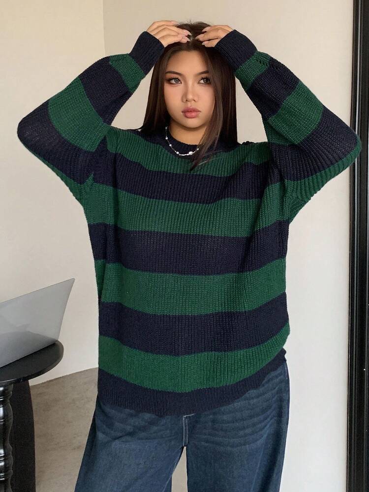 Dazy Plus Suéter holgado de cuello redondo con bloques de color, manga larga, tallas grandes para mujer, otoño/invierno - Verde Oscuro - Añade 4