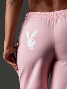 Missguided x Playboy 阔腿运动裤高腰抽绳家居服街头时尚羊毛绒冬秋季舒适休闲裤带标志设计 - 粉色 - 查看 5