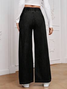 EMERY ROSE Women's Casual All-Match High Waist Wide Leg Loose Woven Denim Pants, Versatile All Season - Black - View 2