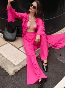 GENKIRA 玫红色雪纺荷叶边下摆女裤 - 玫紅色 - 查看 6