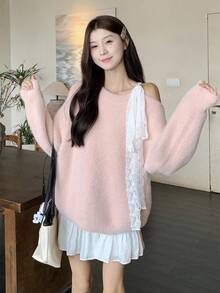 DAZY 女士圆领露肩休闲韩版蝴蝶结针织毛衣，秋冬 - 淺粉色 - 查看 4