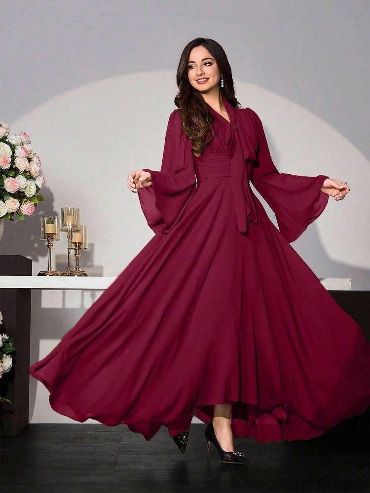 Modelyn Vestido de mujer de unicolor con cuello de nudo, mangas acampanadas y cintura ceñida - Burdeos - Añade 1