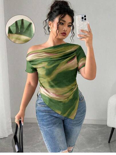 Elenzga Blusa de malla degradada con hombros para mujer de talla grande, elegante y estampada, ropa de verano para mujer, ropa de mujer estilo Y2K, camisas de verano para mujer, ropa de verano