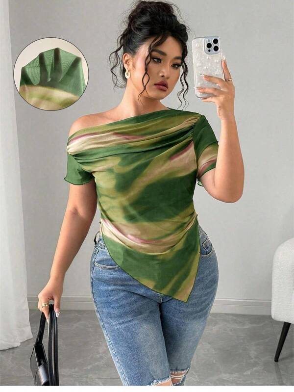 Elenzga Plus Size Women Gradient Mesh Shoulder Vacation Elegant Printed Blouse Women Summer Clothing Women Clothing Y2k Women S Summer Shirts Woman S Summer Clothes