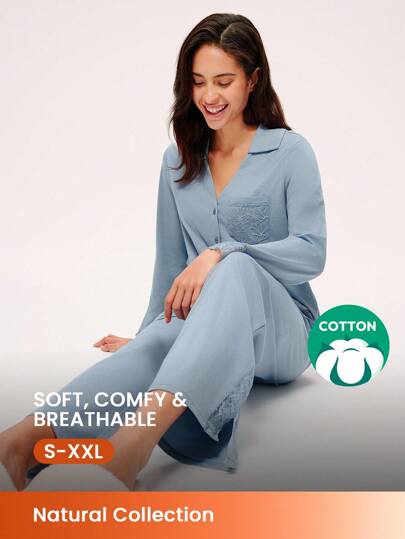 LUVLETTE Autumn And Winter Soft 100% Pure Cotton Misty Forest Style Blue Lace Elegance Trim Button-Up Top & Pants Loungewear Women Airy Pajama Sets Pants With Pockets Romantic Living Cozy At Home Fall Pajamas Clothes