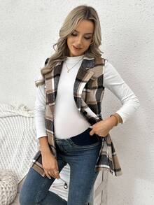 SHEIN Chaqueta sin mangas a cuadros casual y cómoda para embarazadas - Camel - Ver 7