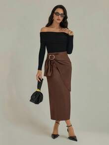 Modelyn Women's Fashionable & Versatile Elegant Metal Buckle Midi Skirt Fall Cloth For Women