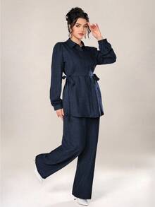 Graceveil Women 2pcs Set Front Button Long Sleeve Casual Blouse And Trousers 2 Pieces Set Modest - Navy Blue - View 9